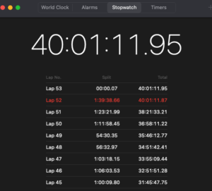 Stopwatch app showing elapsed time of 40:01:11